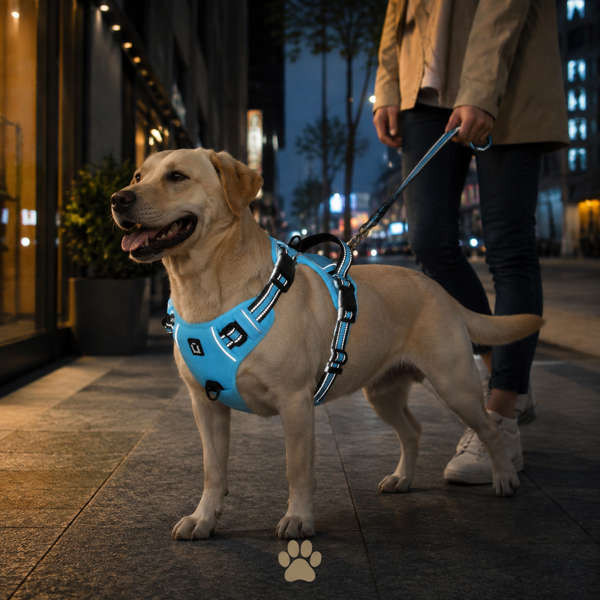 Chien portant le harnais réfléchissant DoglyHome lors d’une promenade en soirée