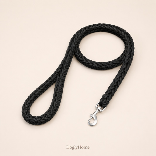 Laisse tressée renforcée DoglyHome noire sur fond beige crème