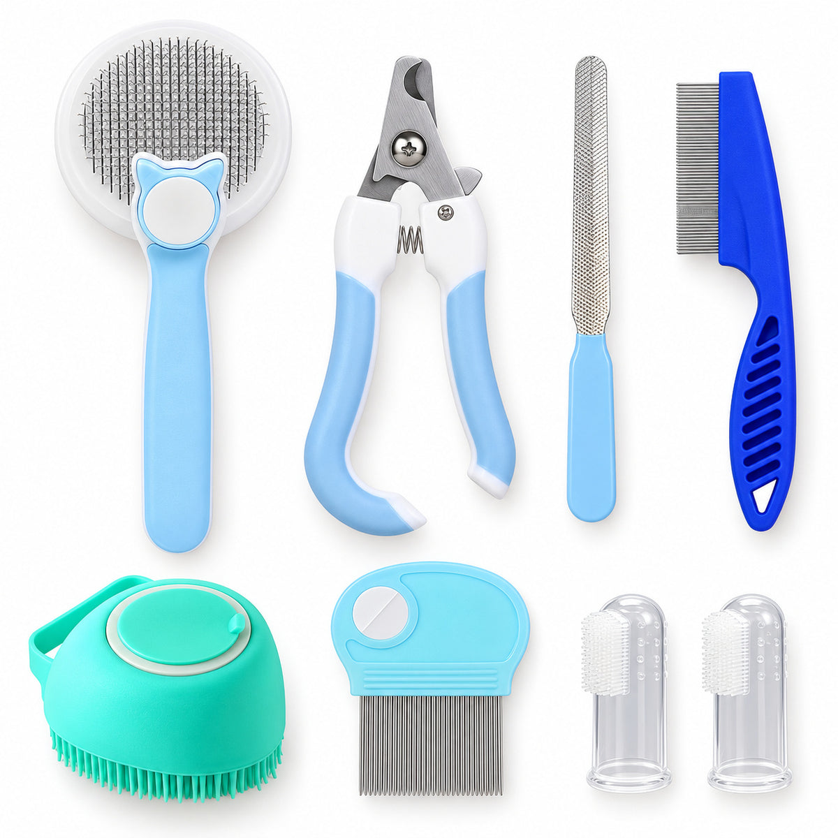 Kit de toilettage DoglyHome de huit accessoires sur fond blanc