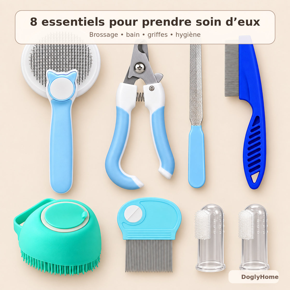 Les huit accessoires du kit de toilettage DoglyHome