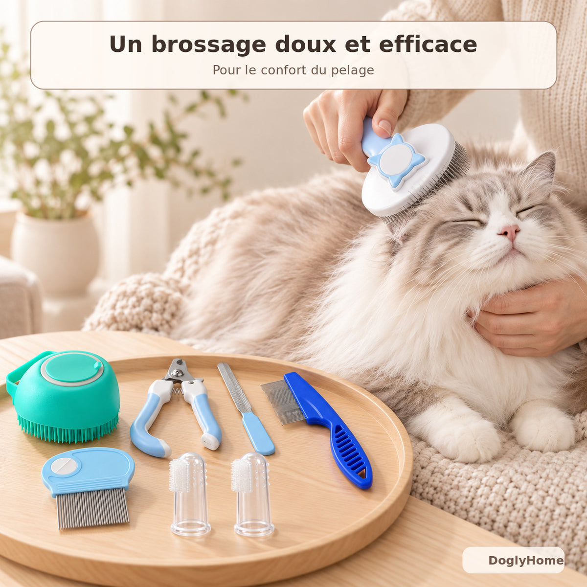 Chat brossé avec la brosse du kit de toilettage