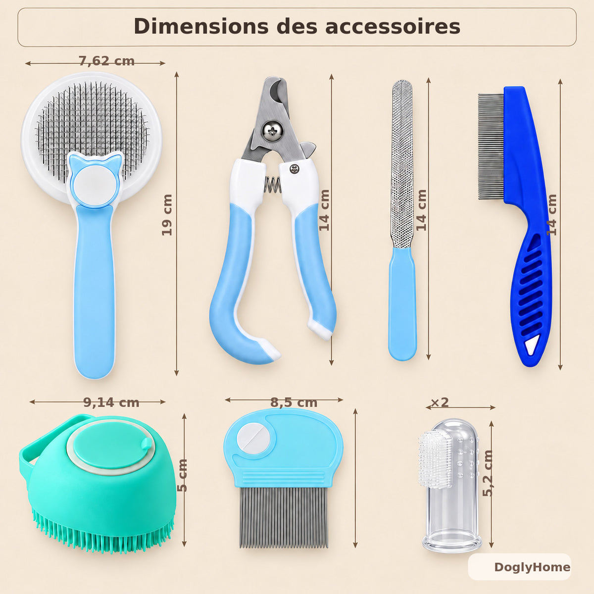 Dimensions des accessoires du kit de toilettage