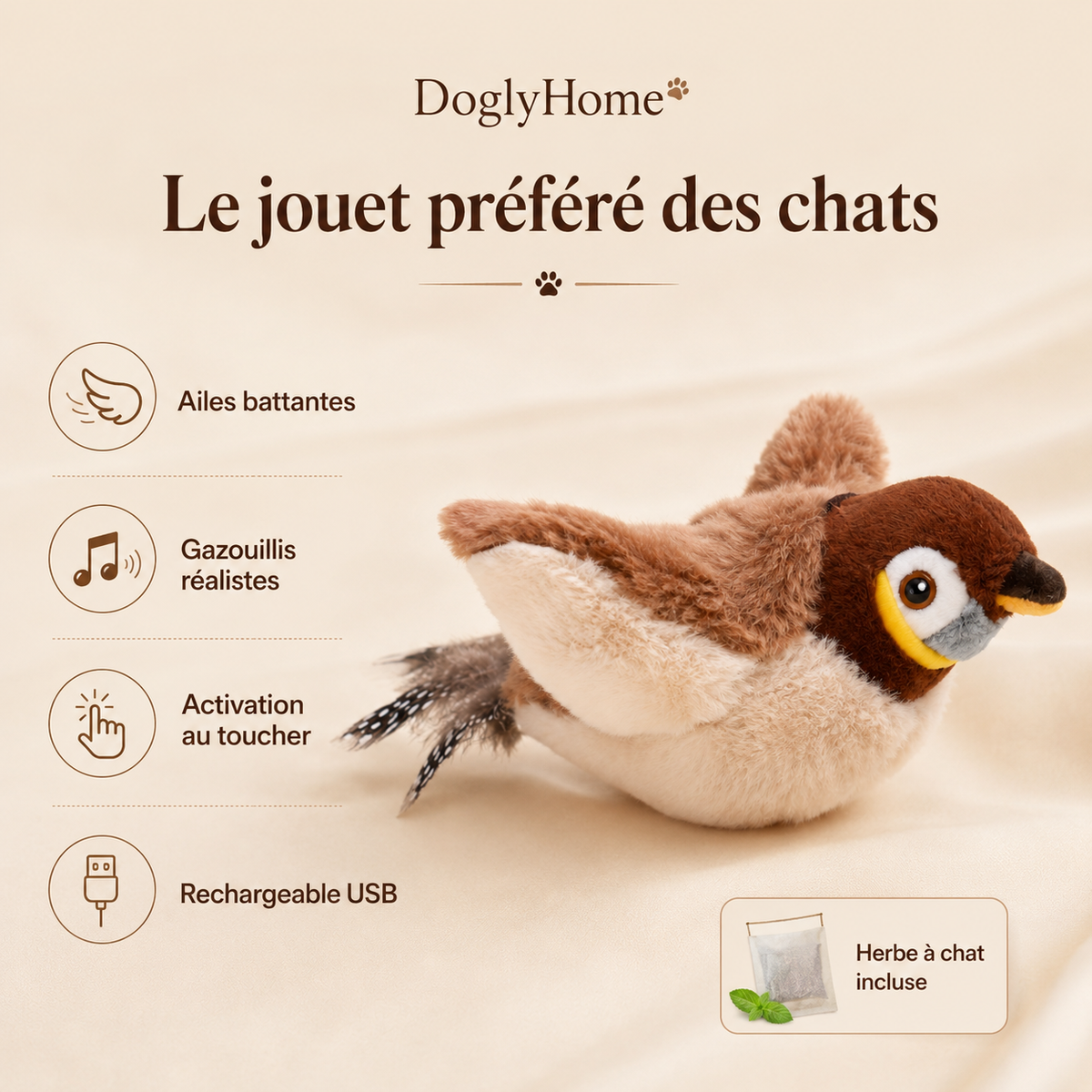 Oiseau interactif rechargeable DoglyHome pour chat – vue produit 3