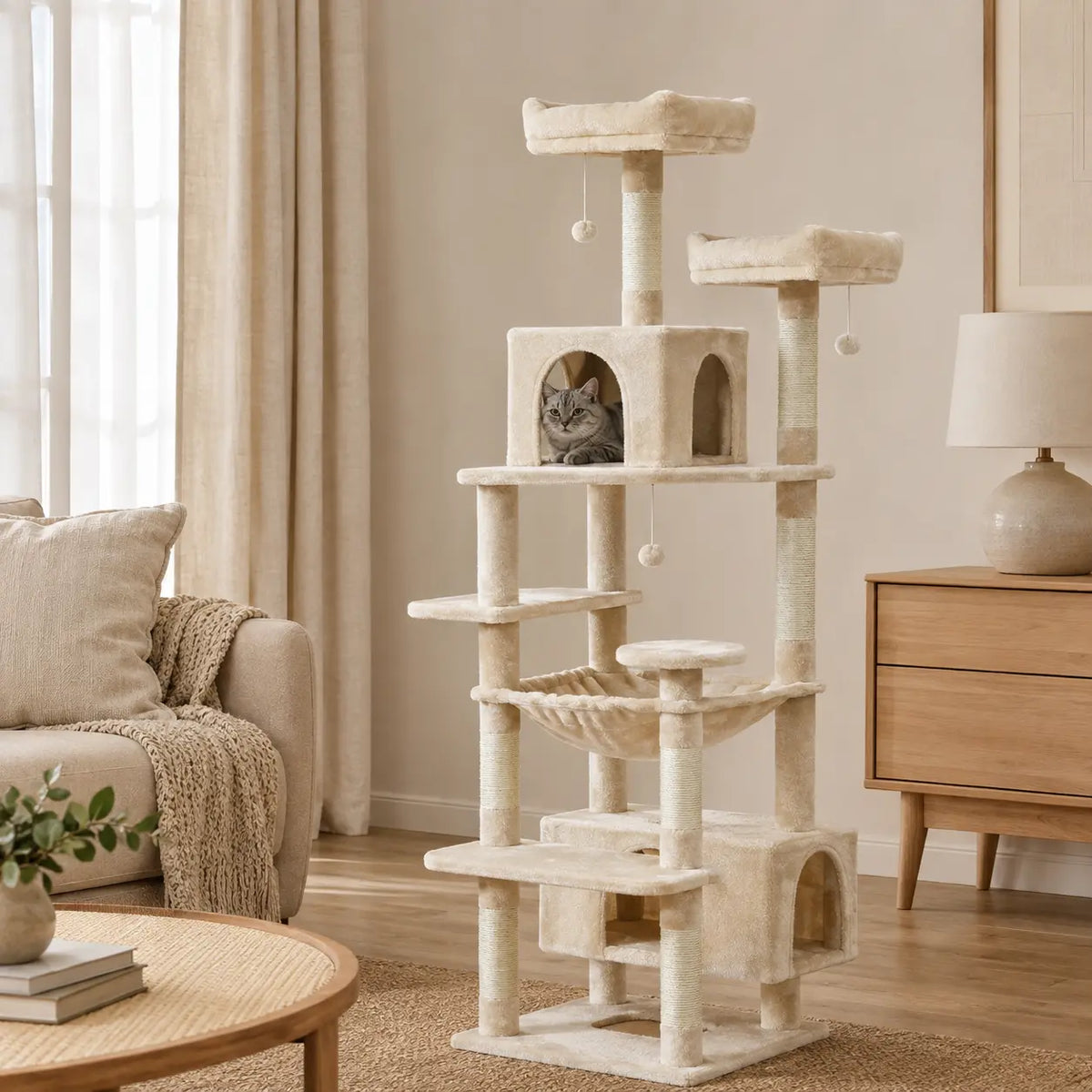 Arbre à chat XXL beige DoglyHome dans un intérieur premium
