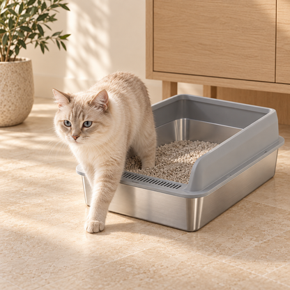 Bac à litière inox premium DoglyHome avec chat