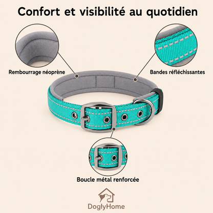 Avantages du collier DoglyHome : rembourrage, bandes réfléchissantes et boucle métal
