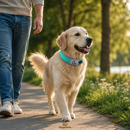 Golden retriever portant le collier réfléchissant DoglyHome en promenade