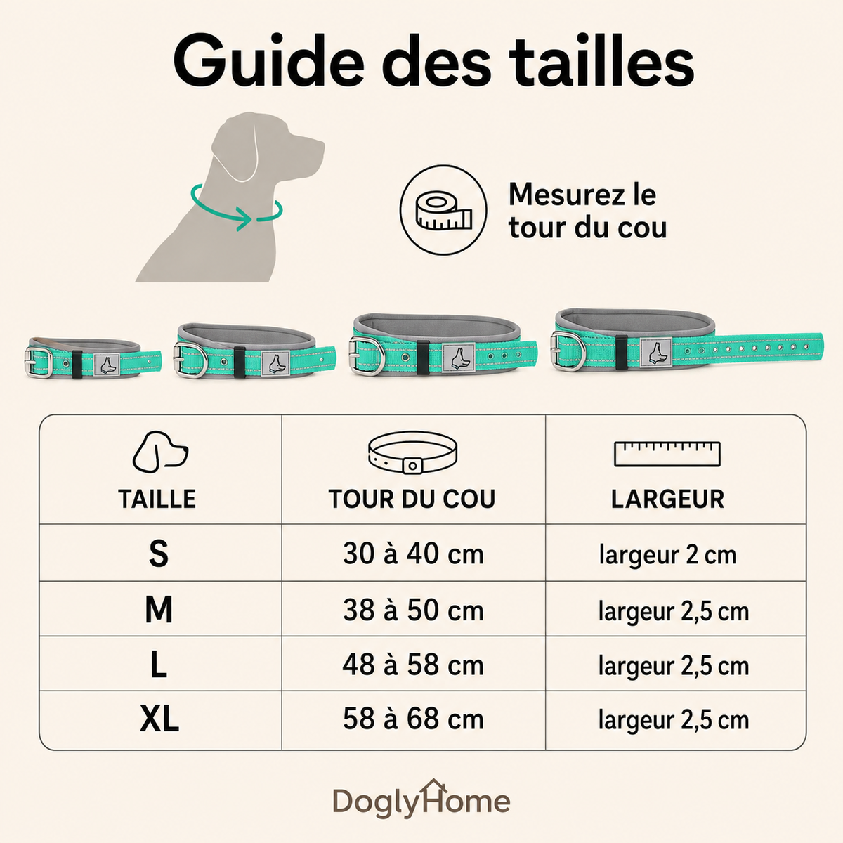 Guide des tailles S à XL du collier rembourré DoglyHome