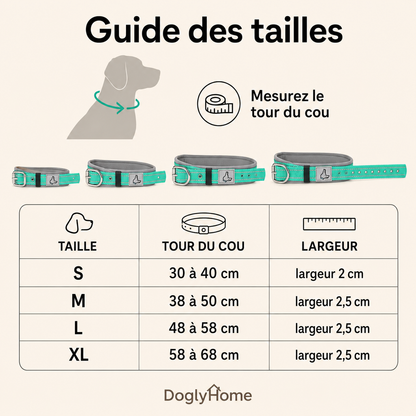 Guide des tailles S à XL du collier rembourré DoglyHome