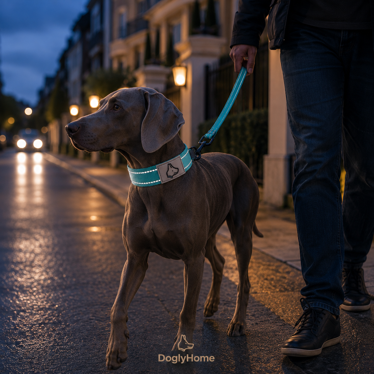 Chien portant le collier réfléchissant DoglyHome au crépuscule
