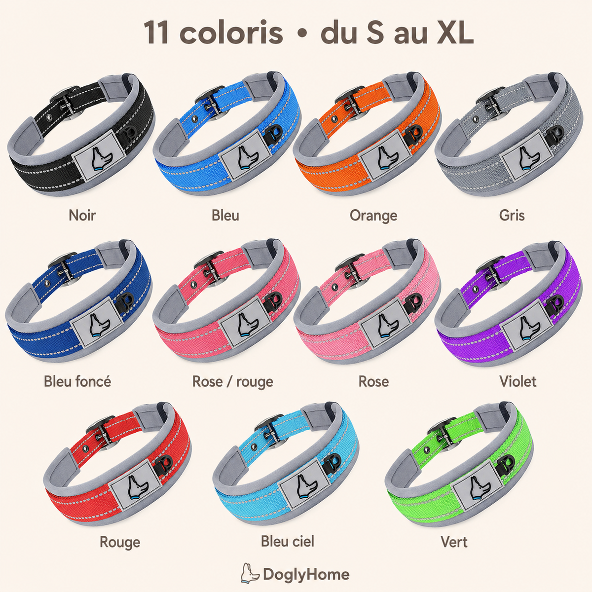 Onze coloris disponibles du collier rembourré réfléchissant DoglyHome