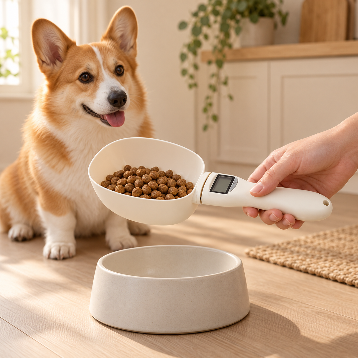 Chien avec cuillère doseuse électronique pour croquettes DoglyHome