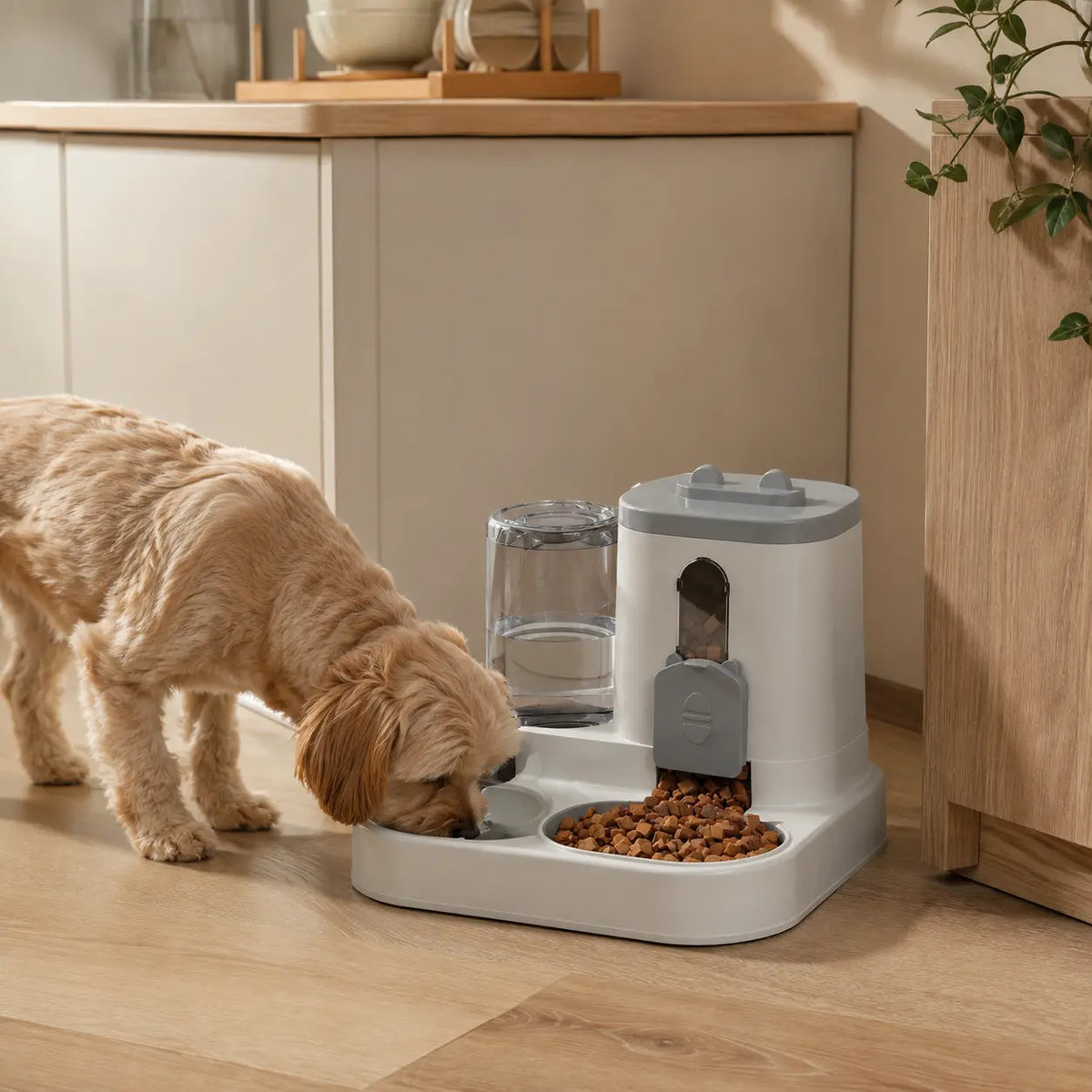 Chien utilisant le distributeur à gravité DoglyHome