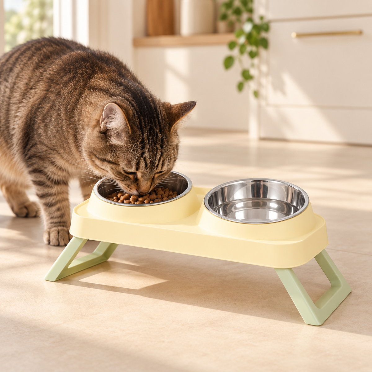 Chat utilisant la gamelle double inclinée DoglyHome