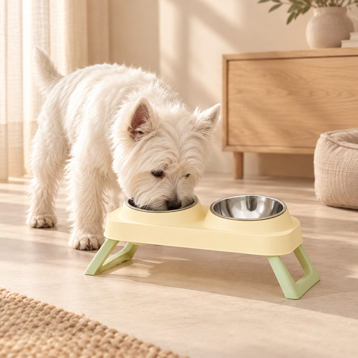 Petit chien avec gamelle double inclinée DoglyHome