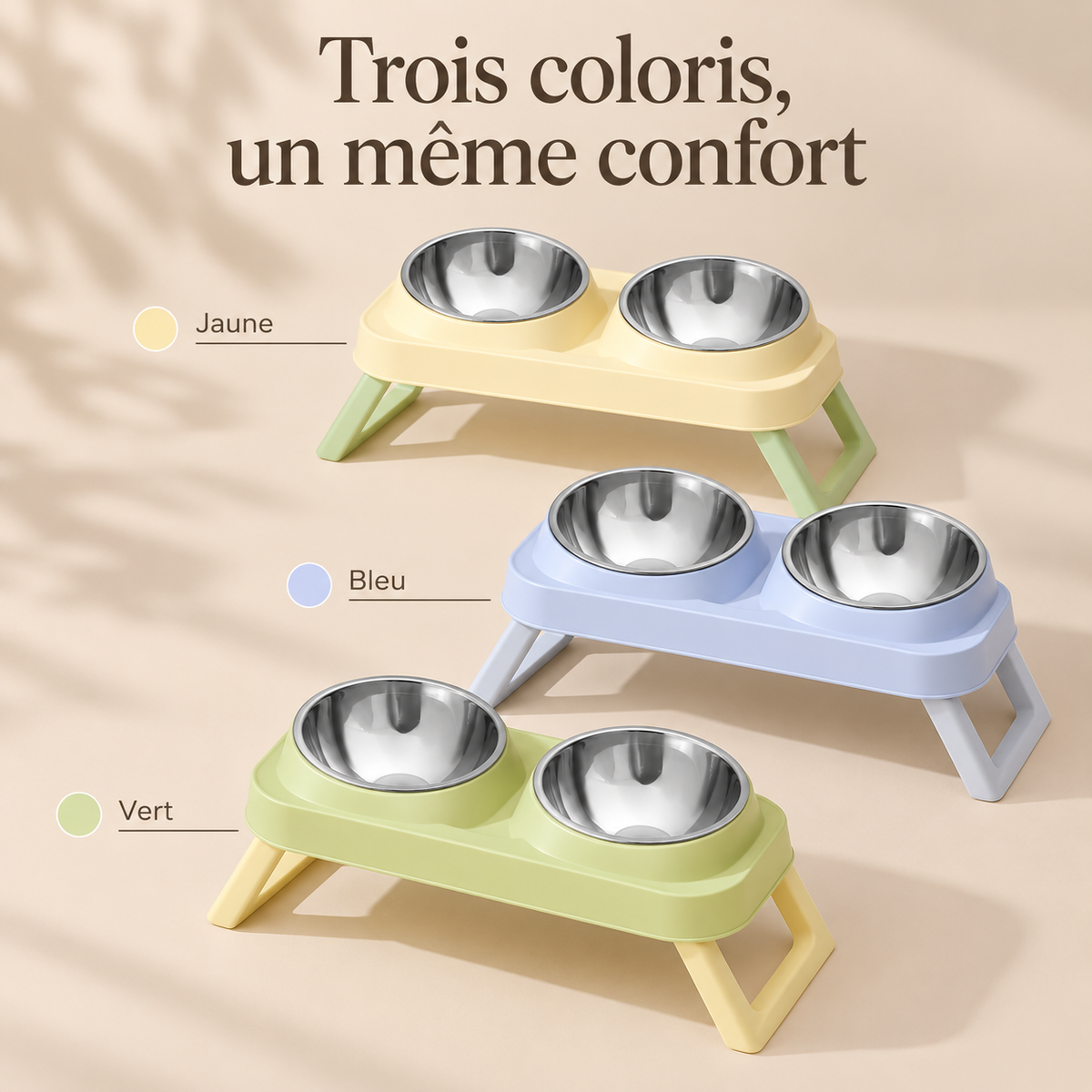 Trois coloris de la gamelle double inclinée DoglyHome