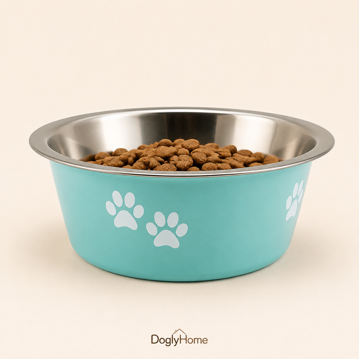 Gamelle antidérapante inox DoglyHome bleue sur fond beige crème