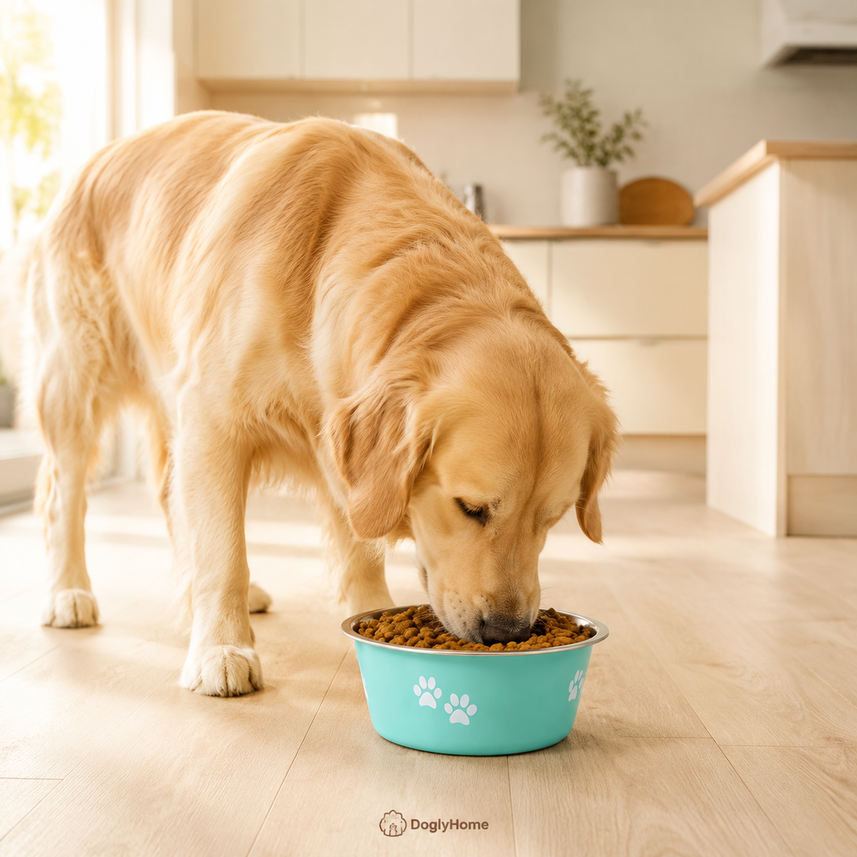 Golden retriever mangeant dans la gamelle inox DoglyHome