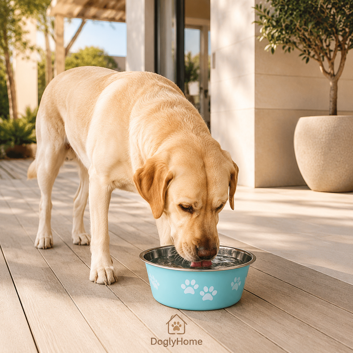 Labrador buvant dans la gamelle inox DoglyHome sur une terrasse