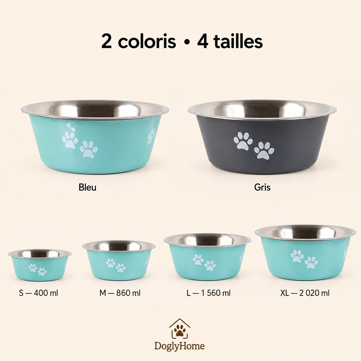 Deux coloris et quatre tailles de la gamelle inox DoglyHome