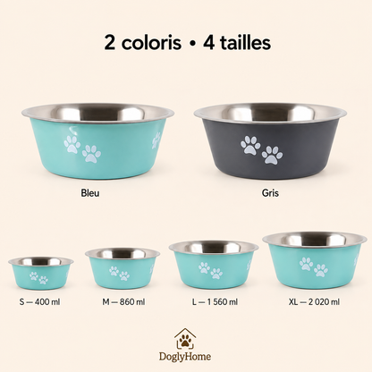 Deux coloris et quatre tailles de la gamelle inox DoglyHome