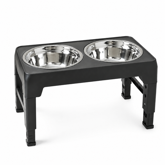 Gamelle surélevée réglable DoglyHome avec deux bols inox sur fond blanc