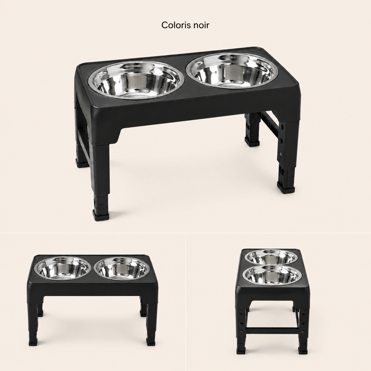 Variantes de Gamelle Surélevée Réglable DoglyHome sur fond beige