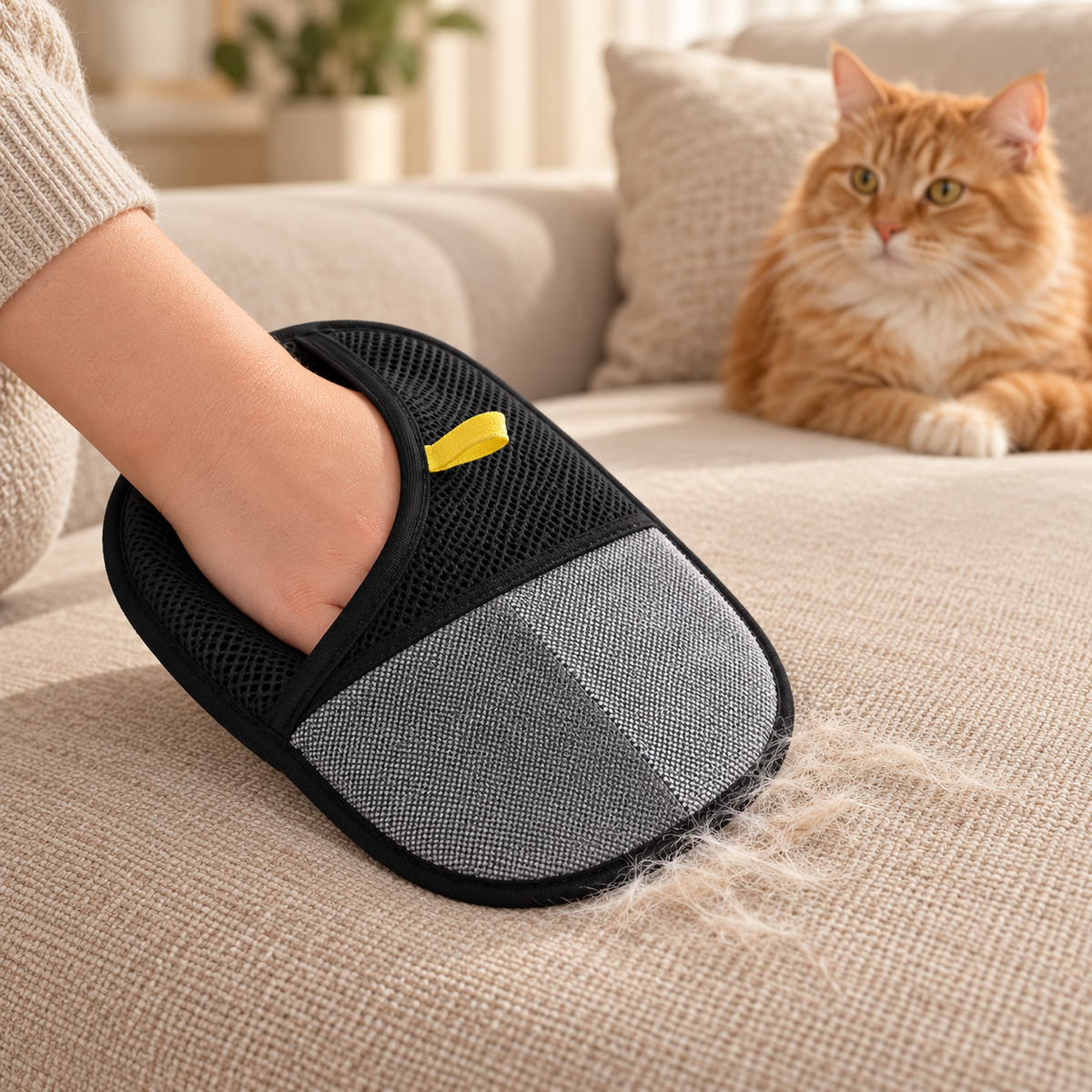 Gant anti-poils DoglyHome utilisé sur un canapé