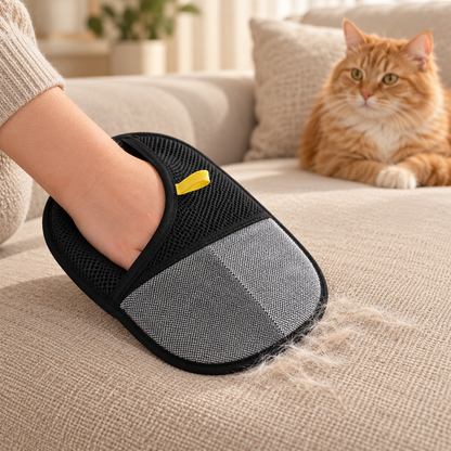 Gant anti-poils DoglyHome utilisé sur un canapé