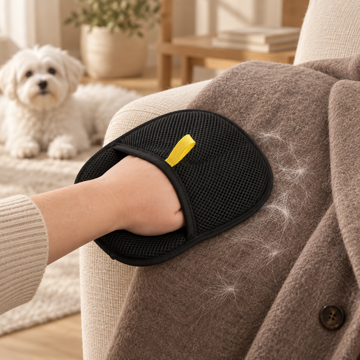 Gant anti-poils DoglyHome utilisé sur un vêtement