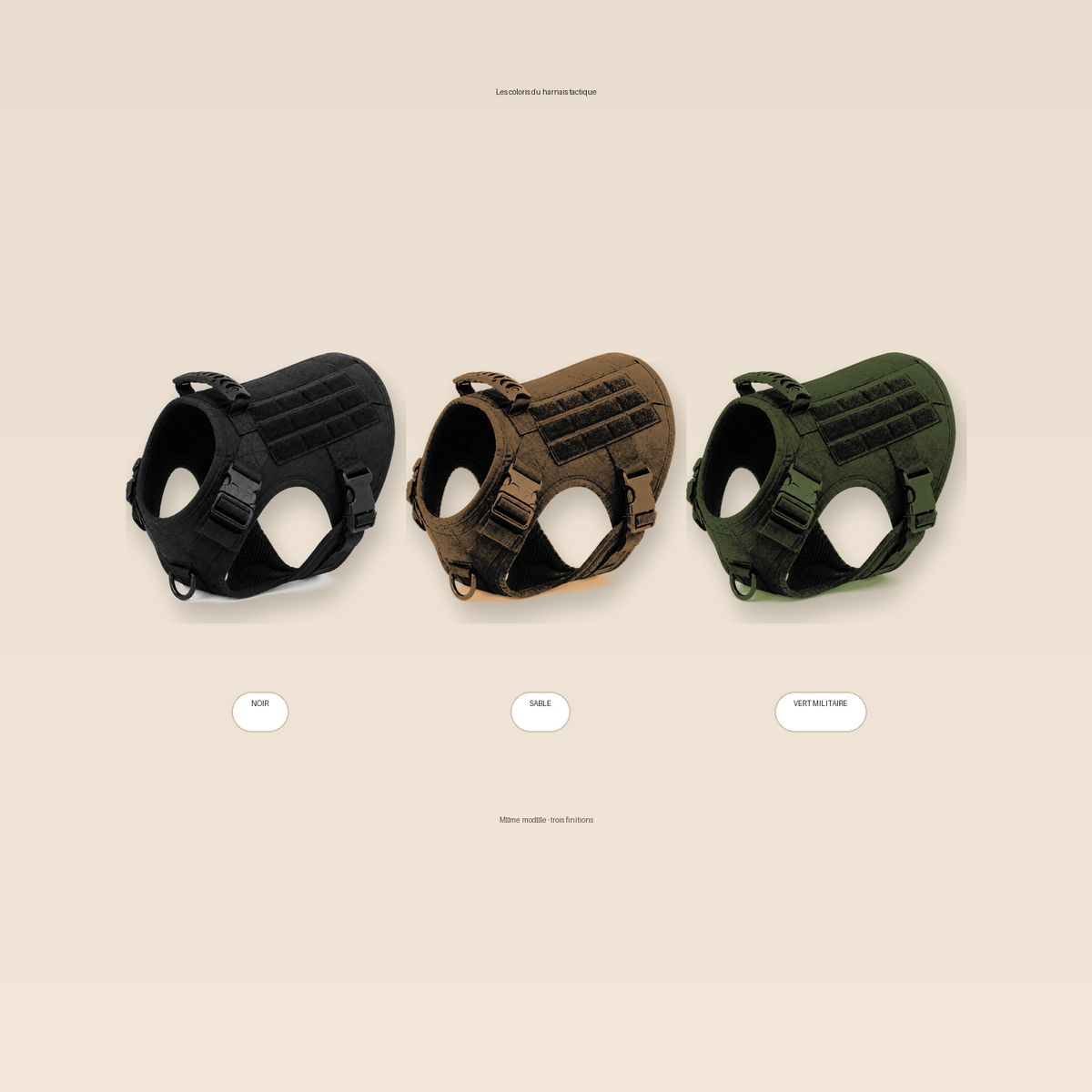 Harnais tactique DoglyHome en trois coloris : noir, sable et vert militaire