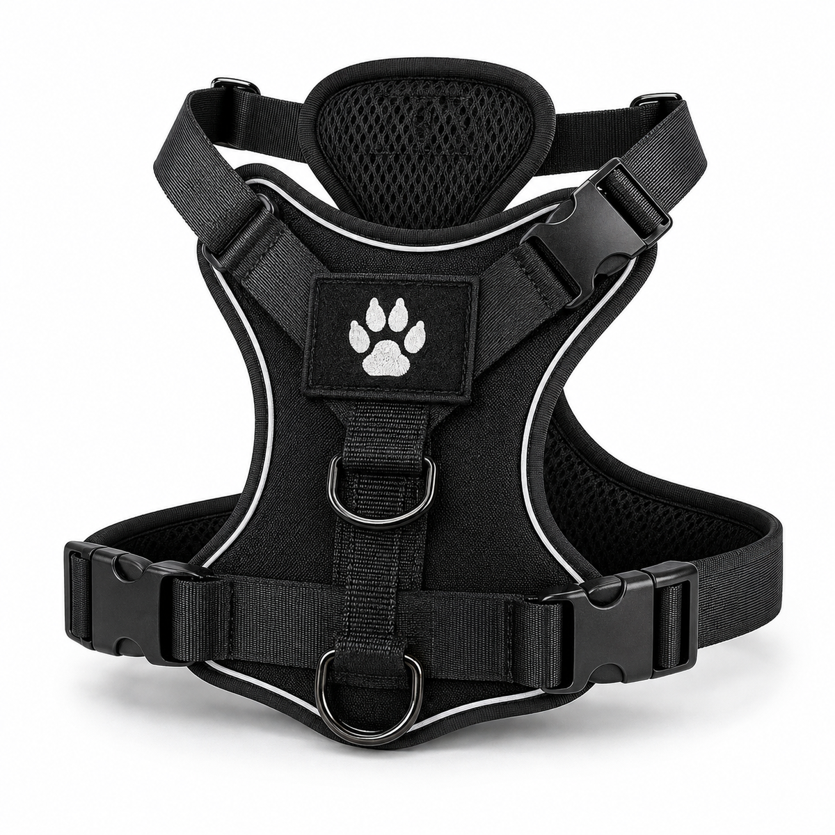 Harnais renforcé DoglyHome noir réfléchissant sur fond blanc