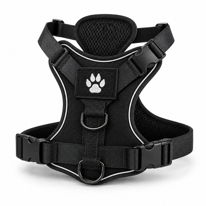 Harnais renforcé DoglyHome noir réfléchissant sur fond blanc