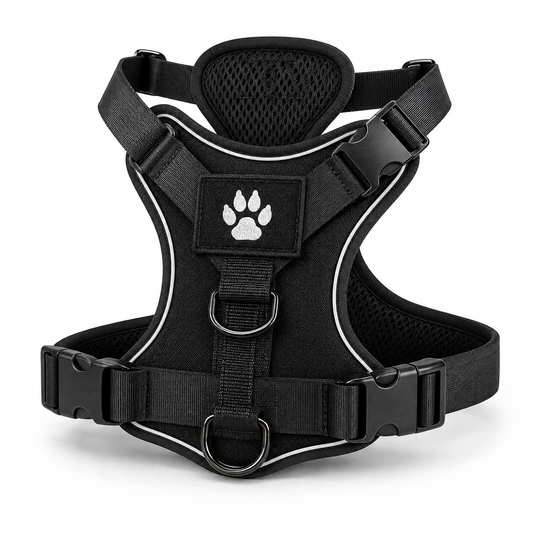 Harnais renforcé DoglyHome noir réfléchissant sur fond blanc
