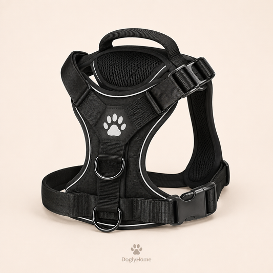 Harnais renforcé DoglyHome noir sur fond beige crème
