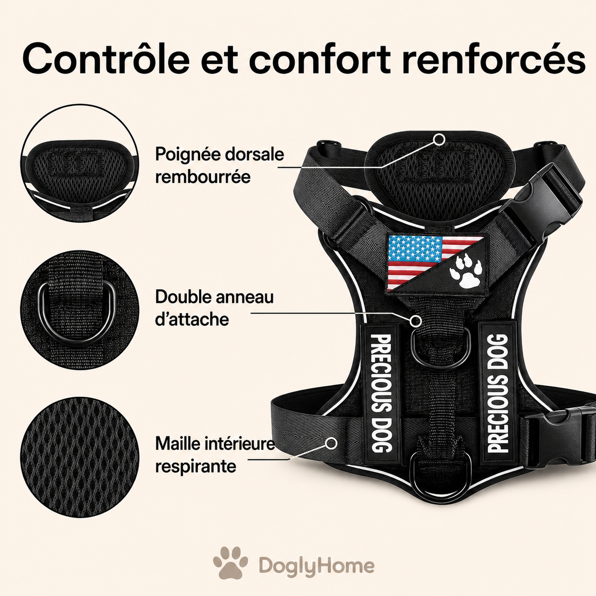 Détails du harnais renforcé DoglyHome : poignée, double anneau et maille respirante