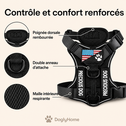 Détails du harnais renforcé DoglyHome : poignée, double anneau et maille respirante