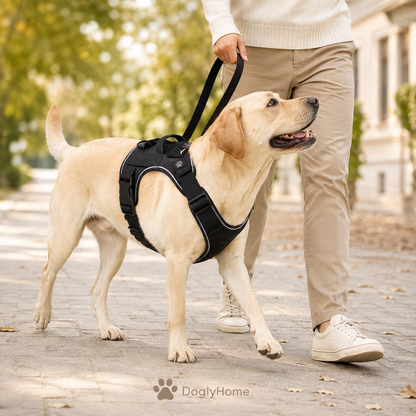 Chien portant le harnais renforcé DoglyHome noir en promenade