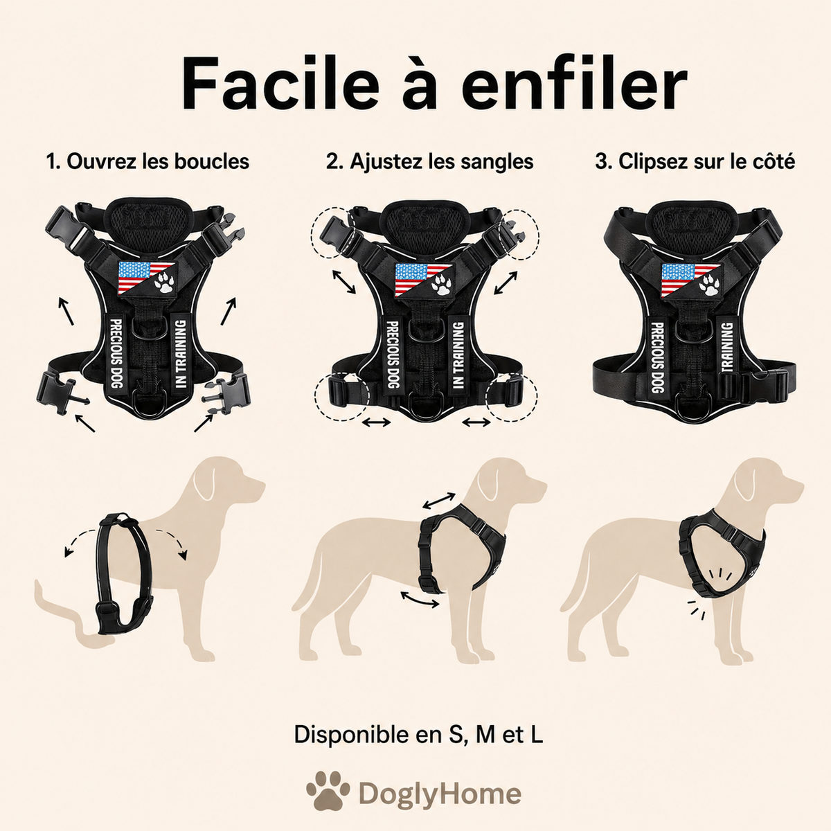 Étapes pour enfiler et ajuster le harnais renforcé DoglyHome