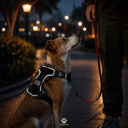 Chien portant le harnais DoglyHome réfléchissant lors d’une promenade nocturne