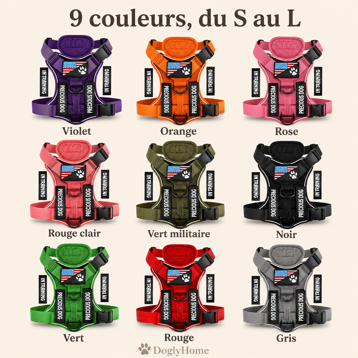 Neuf couleurs disponibles du harnais renforcé DoglyHome, tailles S à L