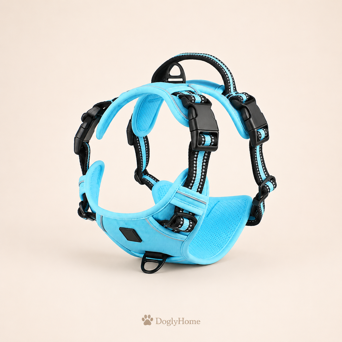 Harnais anti-traction souple DoglyHome bleu ciel sur fond beige crème