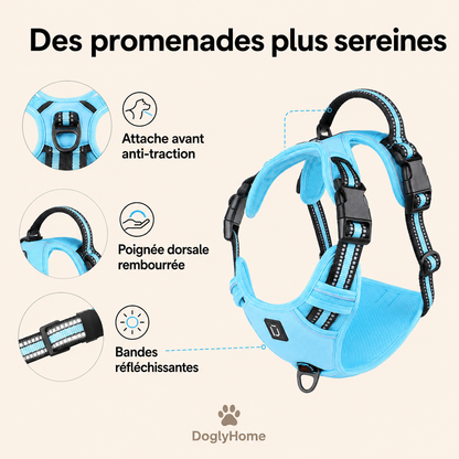 Harnais DoglyHome avec attache anti-traction, poignée rembourrée et bandes réfléchissantes