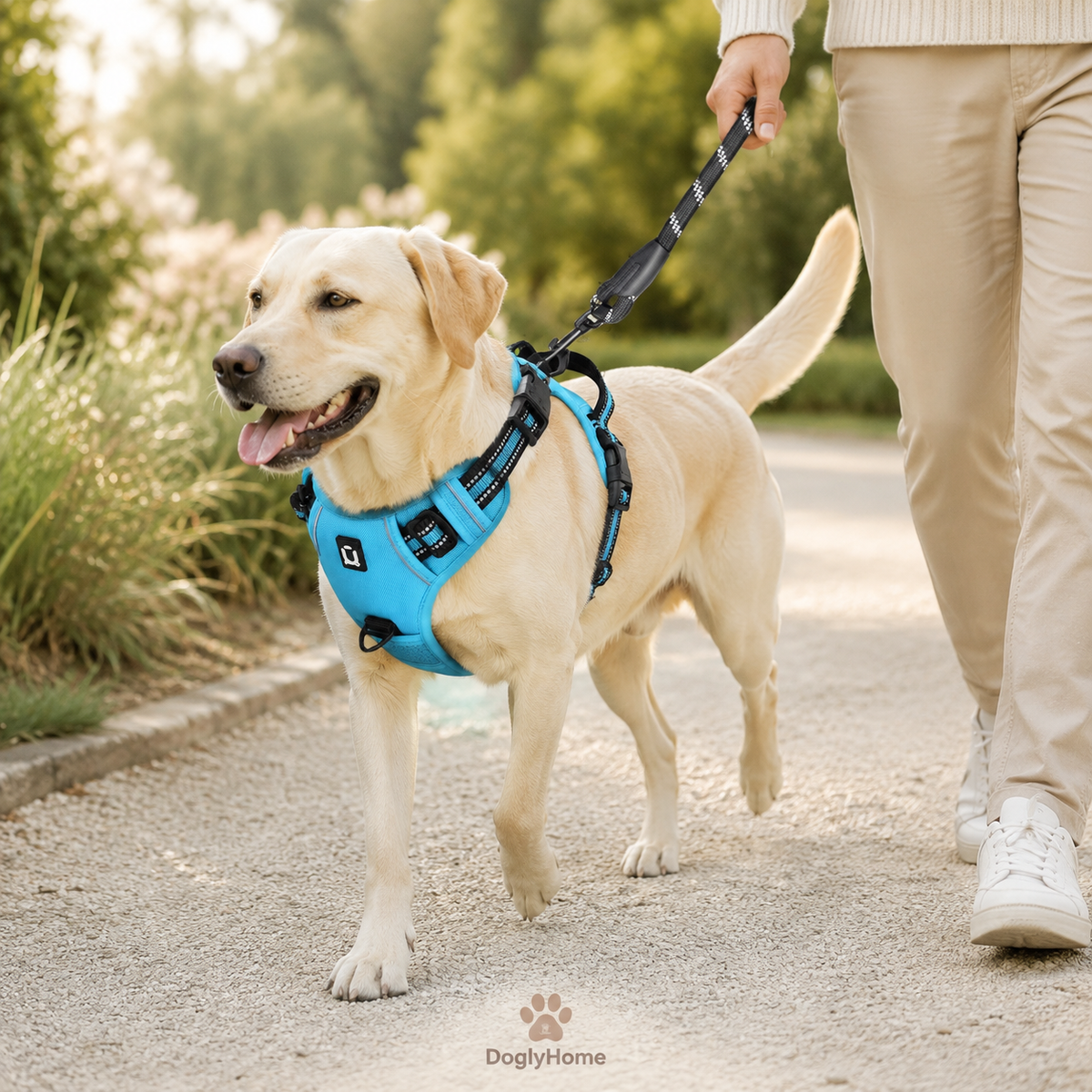 Chien portant le harnais anti-traction DoglyHome bleu ciel en promenade