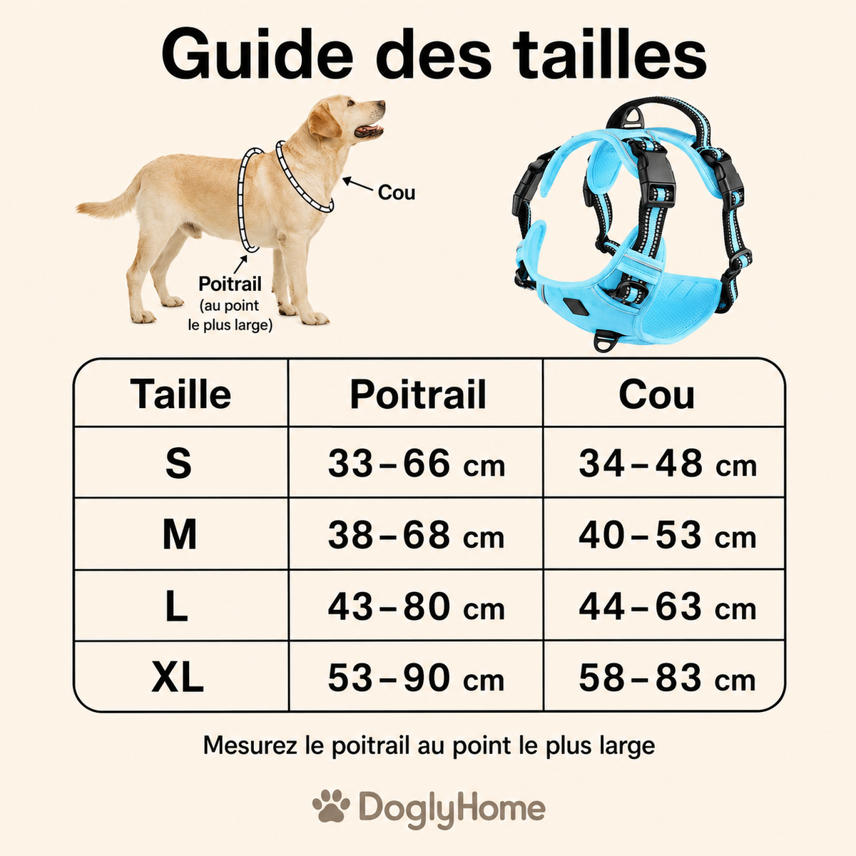 Guide des tailles S à XL du harnais anti-traction souple DoglyHome