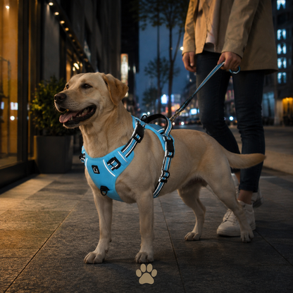 Chien portant le harnais réfléchissant DoglyHome lors d’une promenade en soirée