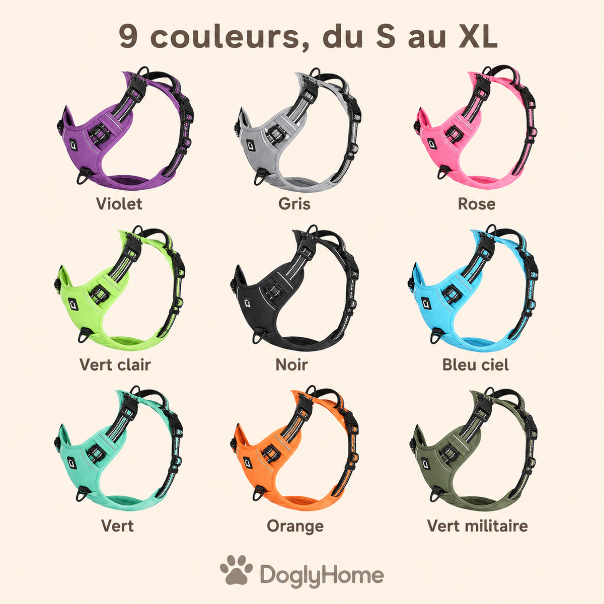 Neuf couleurs disponibles du harnais anti-traction DoglyHome, tailles S à XL