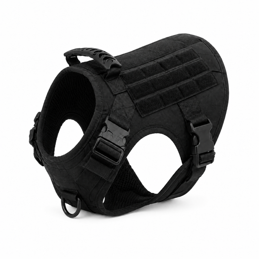 Harnais tactique noir anti-traction DoglyHome sur fond blanc