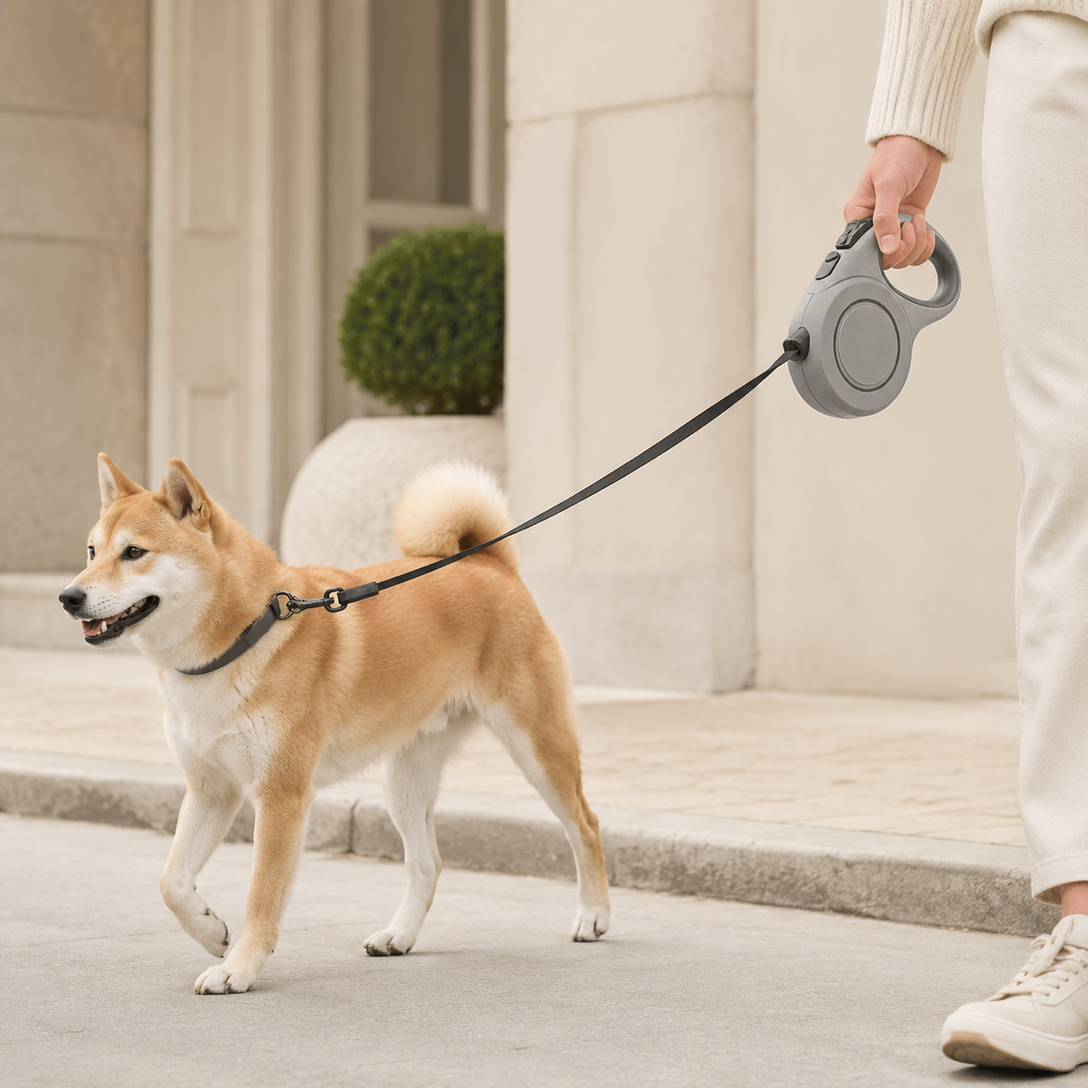 Chien en promenade avec la Laisse Enrouleuse DoglyHome