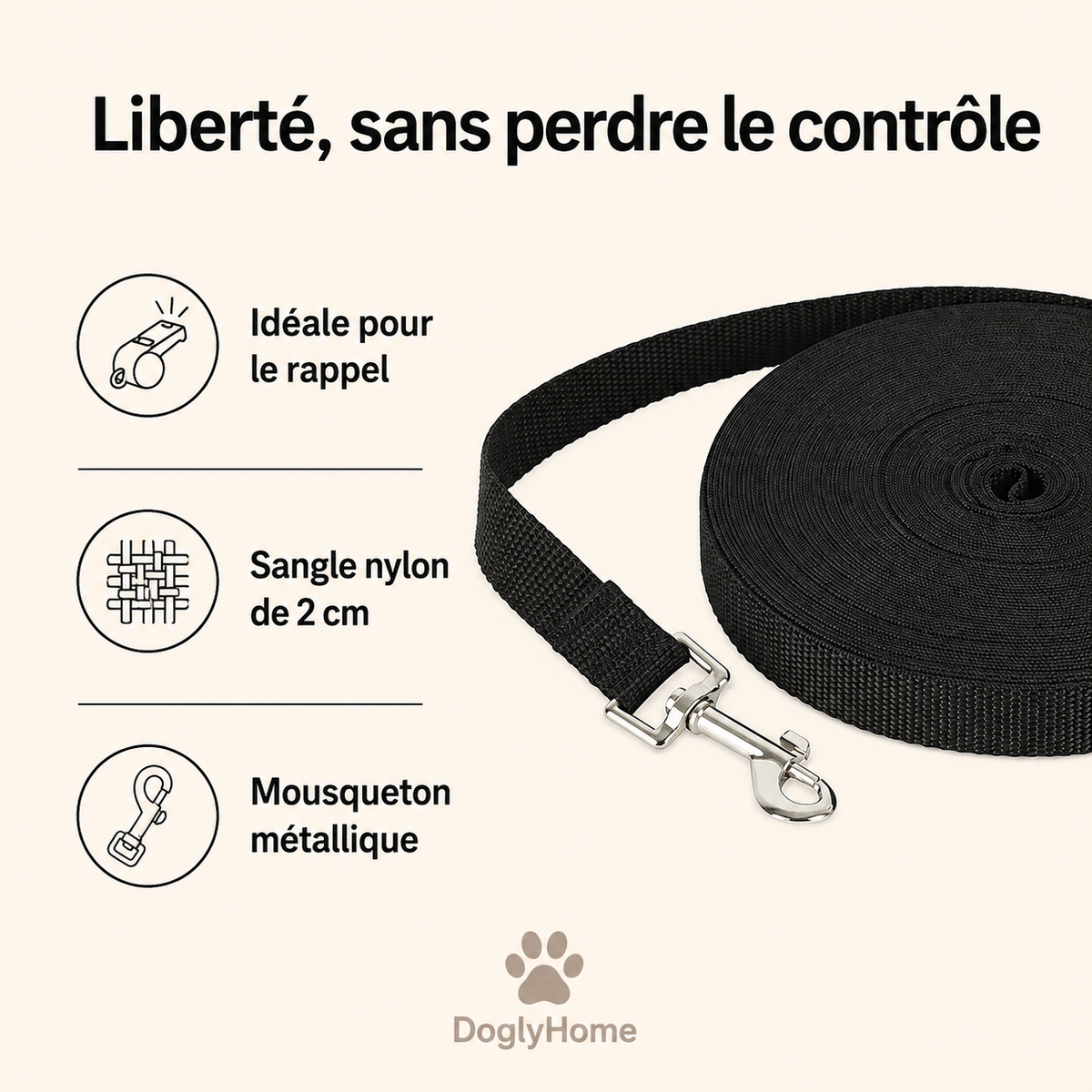 Avantages de la laisse longue DoglyHome : rappel, sangle nylon et mousqueton métallique